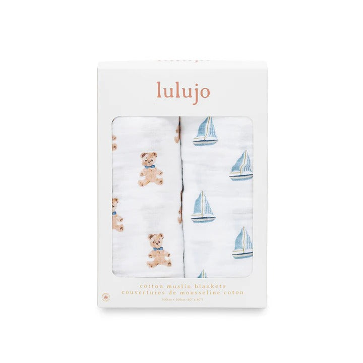 Lulujo baby cotton swaddle blankets, white with vintage bear and sailboat prints, 2-pack