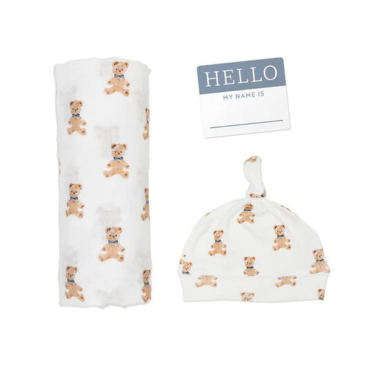 Lulujo baby hat and swaddle 2-piece set with vintage bear print on white fabric