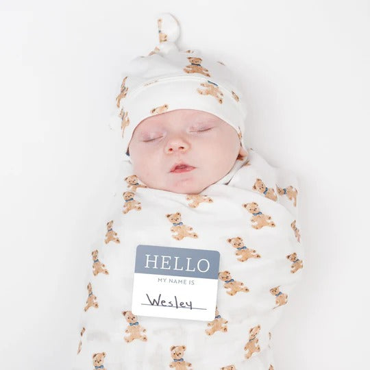 Lulujo baby hat and swaddle set in white with vintage bear print, soft cotton fabric, 2-piece set