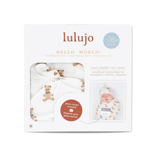 Lulujo Baby Hat & Swaddle Set, Vintage Bears print - white swaddle with beige teddy bears, hat included