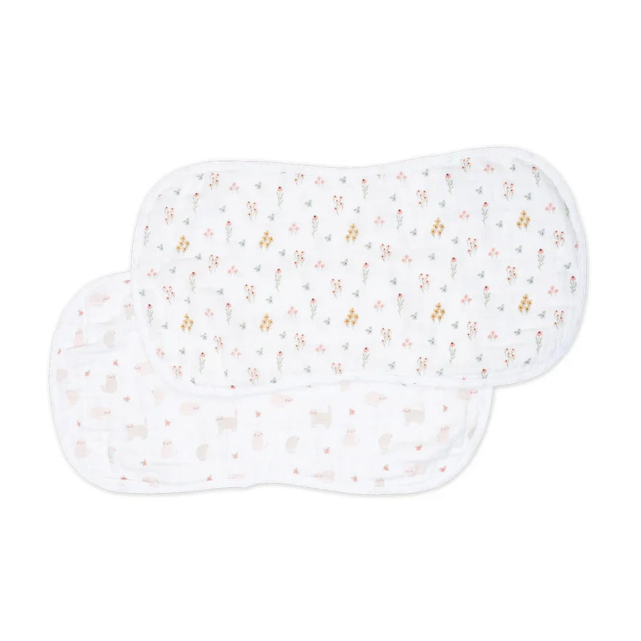Lulujo burp cloths 2-pack, white muslin with kitty cat and flower field prints