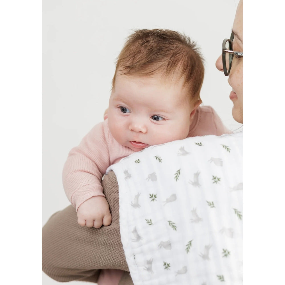 Lulujo baby muslin burp cloths 2-pack, Kitty Cat & Flower Field pattern; white with gray cats and green leaves.