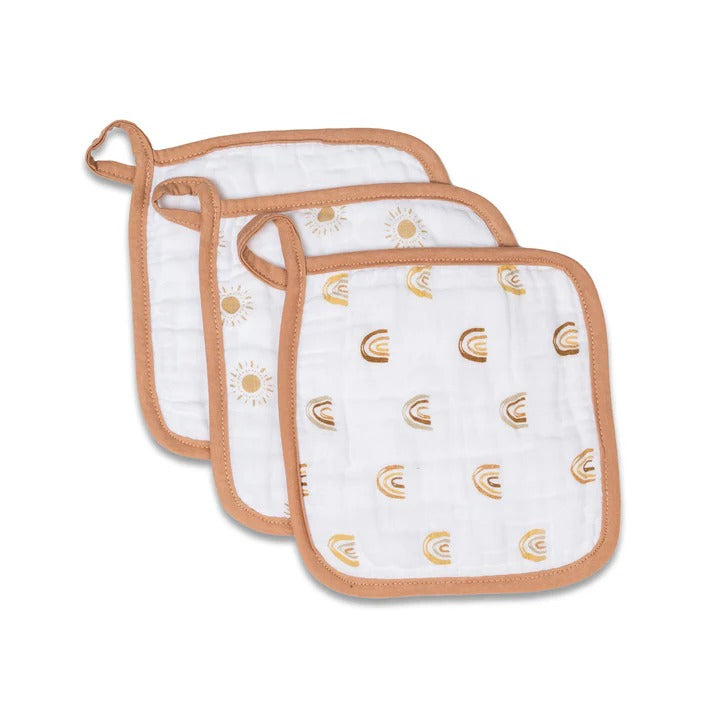 Lulujo baby muslin wash cloths 3-pack, white with sun motifs and peach trim borders