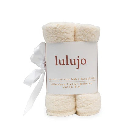 Lulujo baby organic cotton wash cloths set (4) in cream, fluffy terry with ribbon ties