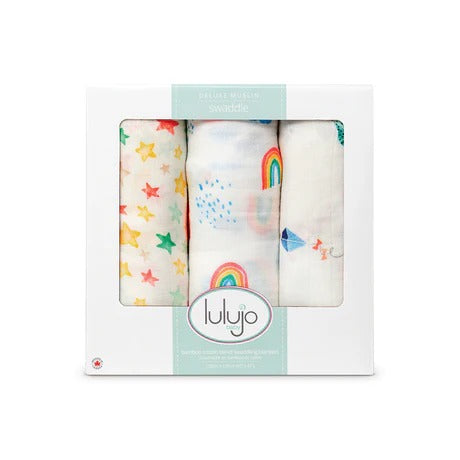 Lulujo bamboo baby swaddles 3-pack in pastel star and rainbow patterns, silky soft.