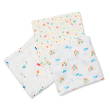 LULUJO bamboo swaddles 3-pack, silky-soft white blankets with multicolor stars, rainbows, and clouds