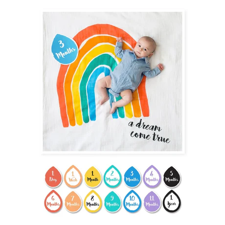 Lulujo Baby's 1st Year Milestone Blanket: baby lying on a bright rainbow blanket with month markers and "a dream come true" text.