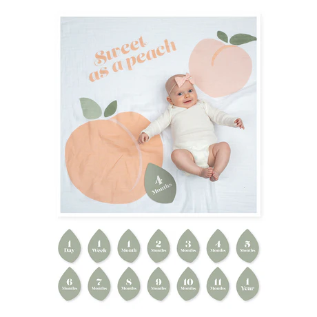 Lulujo Baby's 1st Year Milestone Blanket in peach tones, with a baby lying on it and month markers laid out.