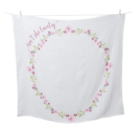 LULUJO Baby's 1st Year Milestone Blanket, white blanket with pink floral wreath circle used for baby milestone photos.
