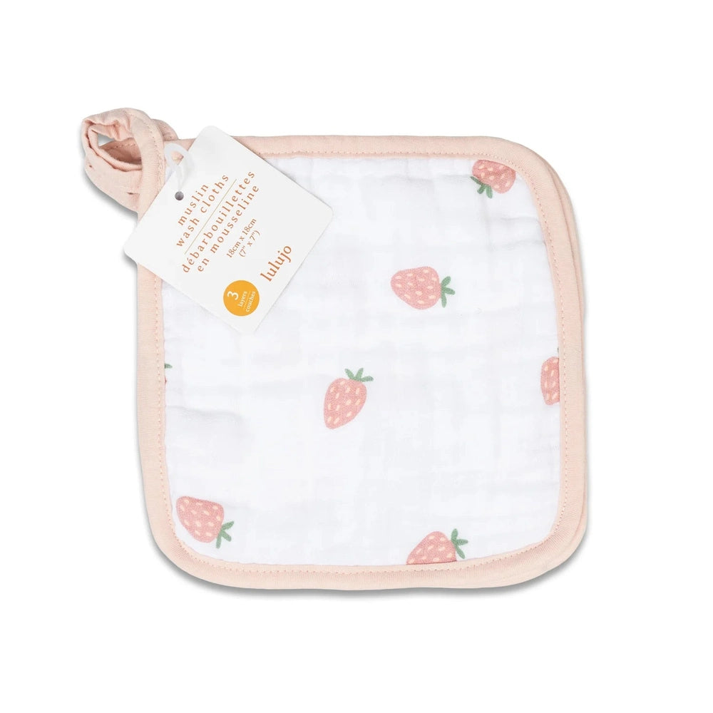 Lulujo muslin washcloths 3-pack, white with pink strawberry print and pale pink trim