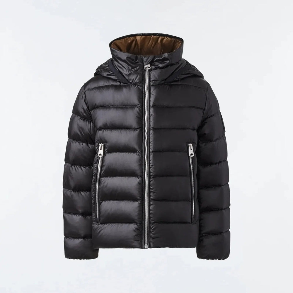 Mackage Billy Recycled Ripstop Down Jacket for Toddler, black puffer with hood, zipped front and pockets.