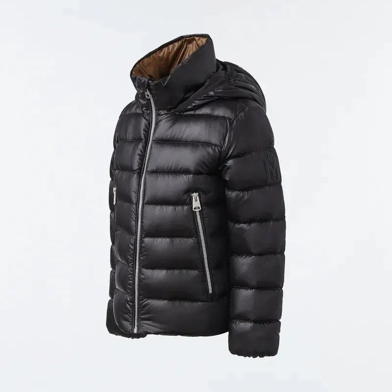 Mackage Billy Recycled Ripstop Down Jacket For Toddler Black with hood; puffy quilted warmth and zip pockets.