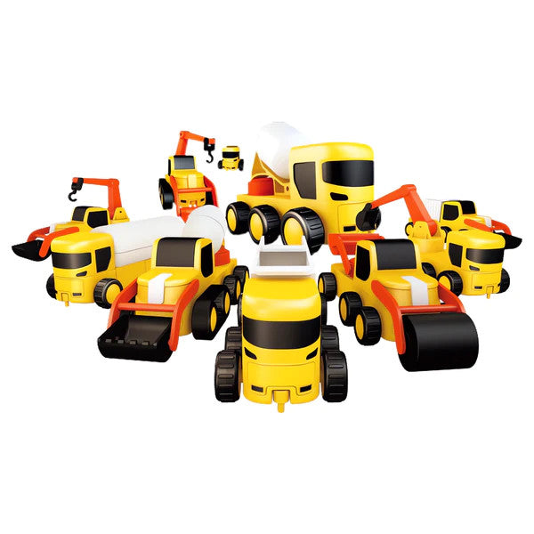 Magfun Magnetic 8-in-1 Toy Car Set includes eight yellow construction vehicles with black wheels and