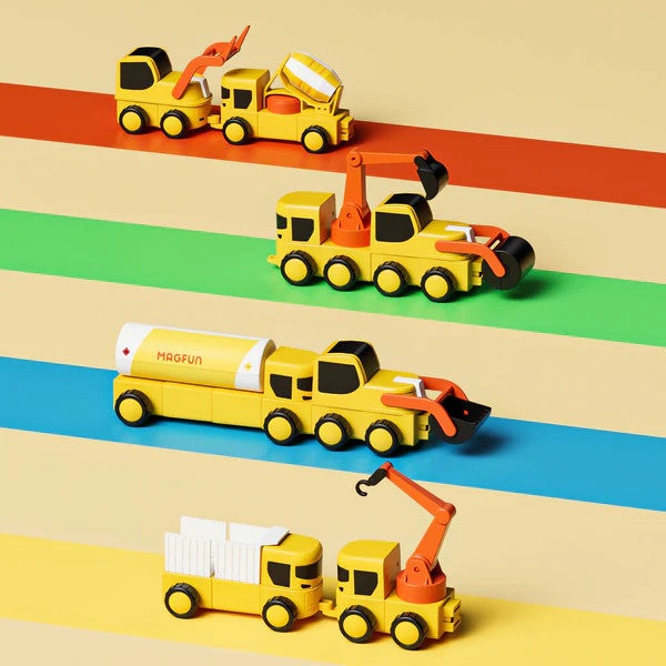 Magfun Magnetic 8-in-1 toy car set with yellow construction vehicles on colorful rainbow tracks