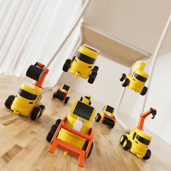 Magfun Magnetic 8-in-1 toy car set; eight yellow cars with black wheels and orange accents