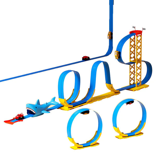 Magfun Magnetic Shark Roller Coaster toy set with blue track loops, yellow supports, and a shark figure