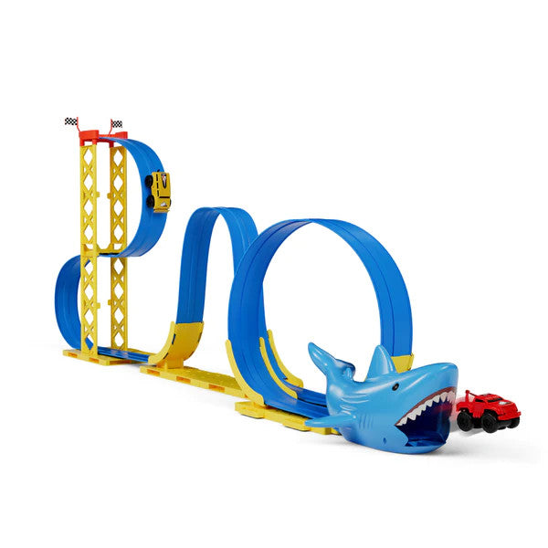 Magfun Magnetic Shark Roller Coaster Toy Set with blue loops, yellow supports, and red car