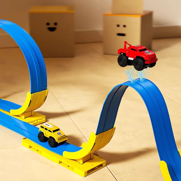 MAGFUN Magnetic Shark Roller Coaster Toy Set with blue-yellow track and two cars (yellow, red).