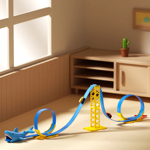 Magfun magnetic shark roller coaster toy set with blue tracks and yellow supports