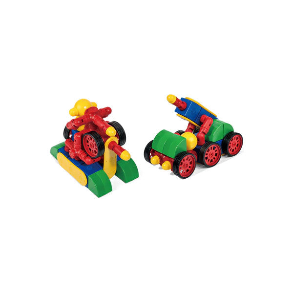 Magfun magnetic toy set; colorful construction vehicles built from red, blue, green blocks with wheels (2 pieces)