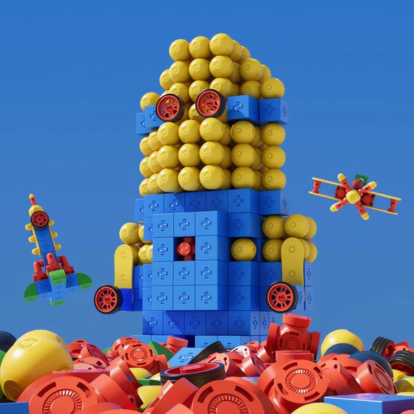 Magfun Magnetic Toy Set tower built from blue blocks and yellow spheres with red accents.