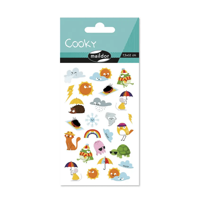Maildor Cooky stickers sheet featuring colorful weather icons and playful characters for crafts