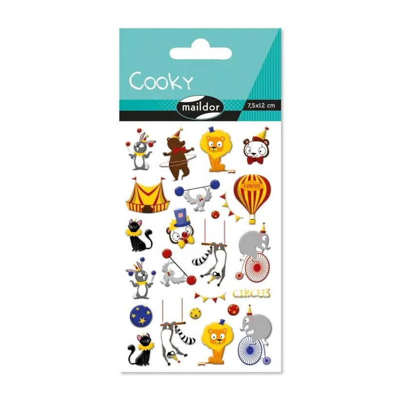 Maildor Cooky stickers set featuring circus animals and props, 7.5 x 12 cm