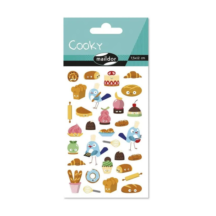 Maildor Cooky sticker sheet with colorful bakery icons including cookies, pastries and cupcakes