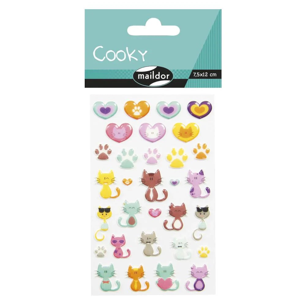 Maildor Cooky stickers sheet featuring colorful cat faces, hearts, and paw prints