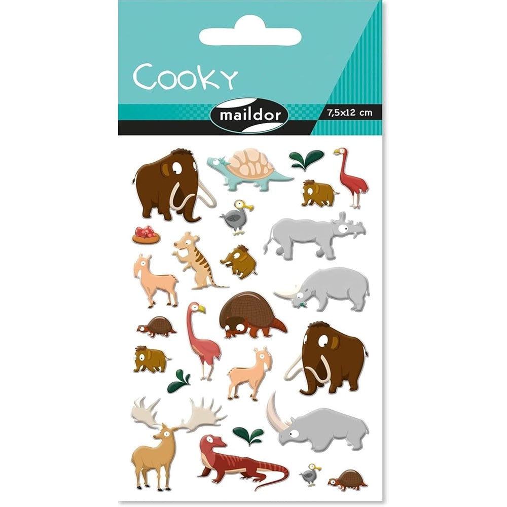 Maildor Cooky stickers sheet with colorful animal illustrations (elephant, flamingo, rhino, turtle); 7.5x12 cm