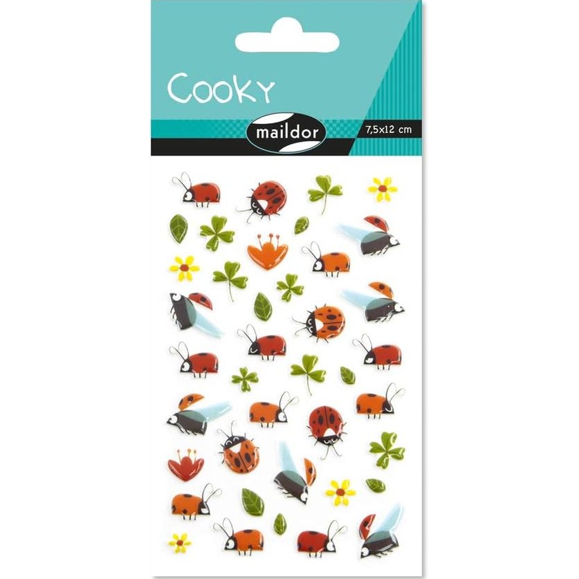 Maildor Cooky stickers set featuring orange ladybugs, clovers, leaves and yellow flowers