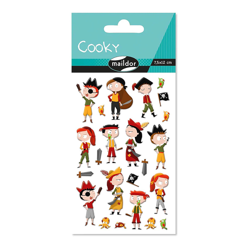 Maildor Cooky sticker sheet featuring colorful cartoon adventurers and pirates (18 stickers)