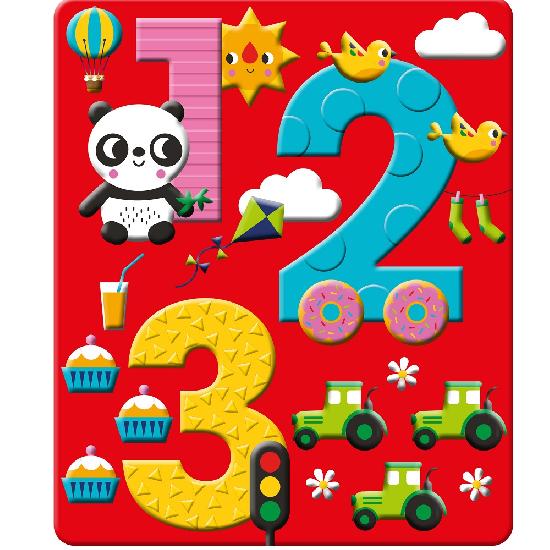 Make Believe Ideas 123 Book for kids on a bright red cover with panda, cupcakes, kites, tractors and large 1, 2, 3 numbers