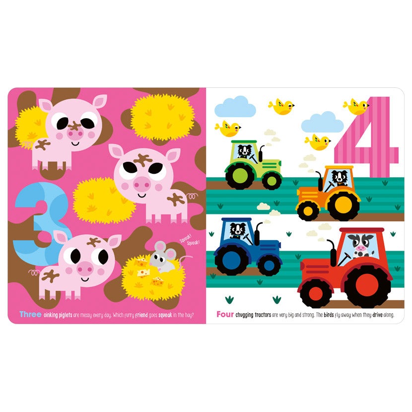 Make Believe Ideas 123 Book spread with pink pigs and hay on the left and colorful tractors with birds on the right