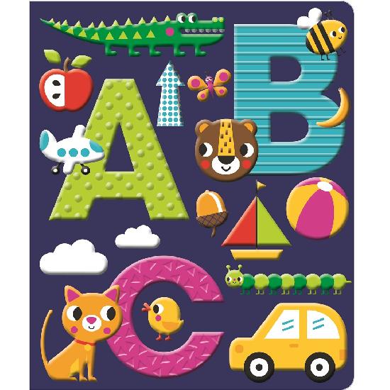 Make Believe Ideas Abc Book: colorful alphabet letters A, B, C with animals and toys on a dark blue background