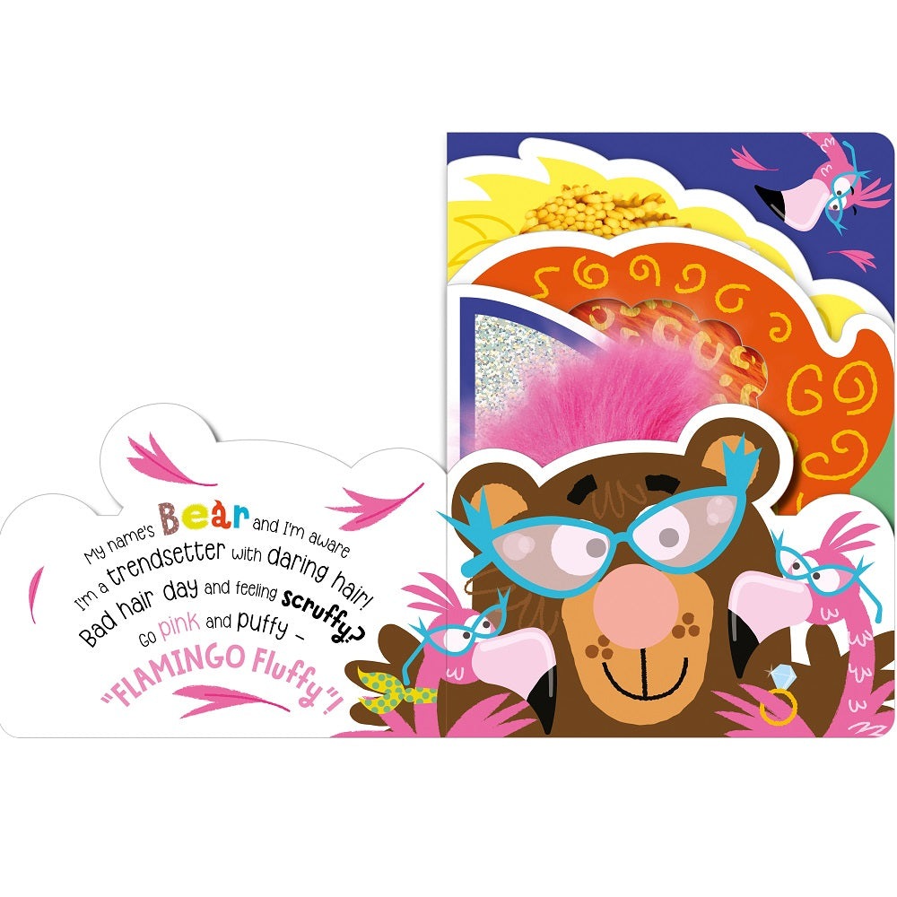 Bear Style Book by Make Believe Ideas; cheerful brown bear with blue glasses amid pink flamingos and vibrant patterns