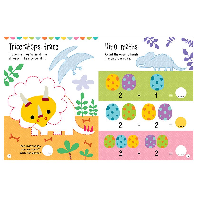 Make Believe Ideas Big Stickers For Little Hands Blue educational page with triceratops tracing and dinosaur sums