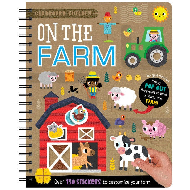Make Believe Ideas Cardboard Builder On The Farm notebook with a colorful barn, tractor, and farm animals