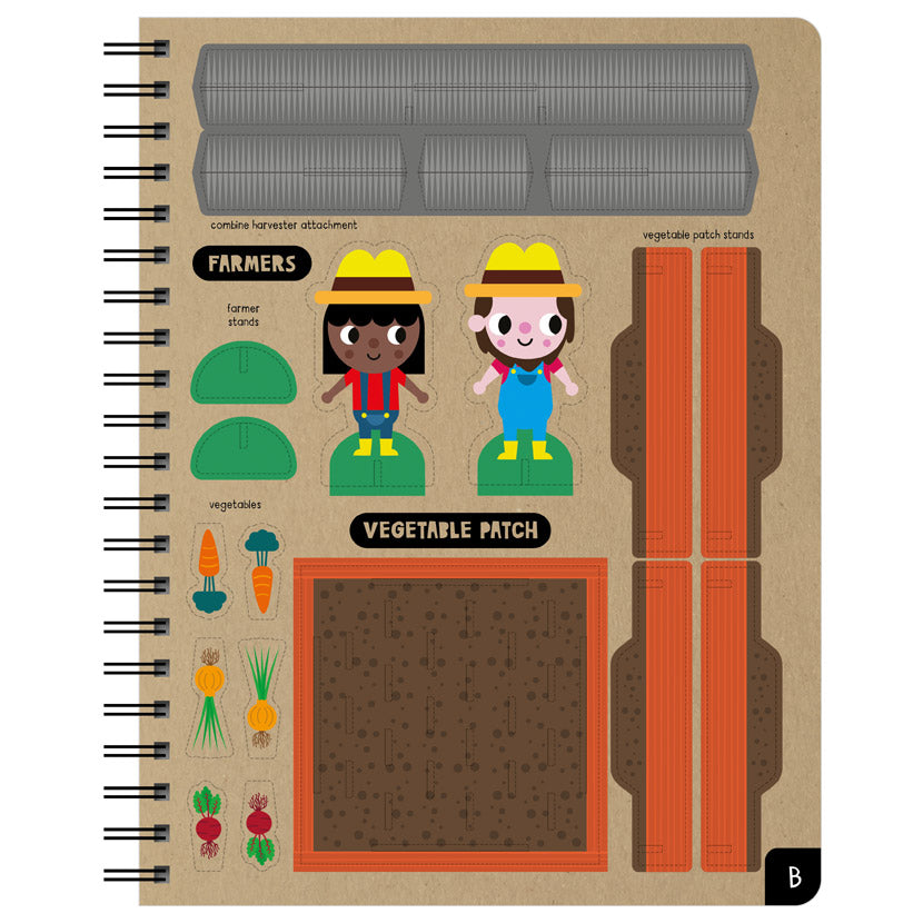Make Believe Ideas Cardboard Builder on the Farm toy set with two farmer figures and vegetable patch components