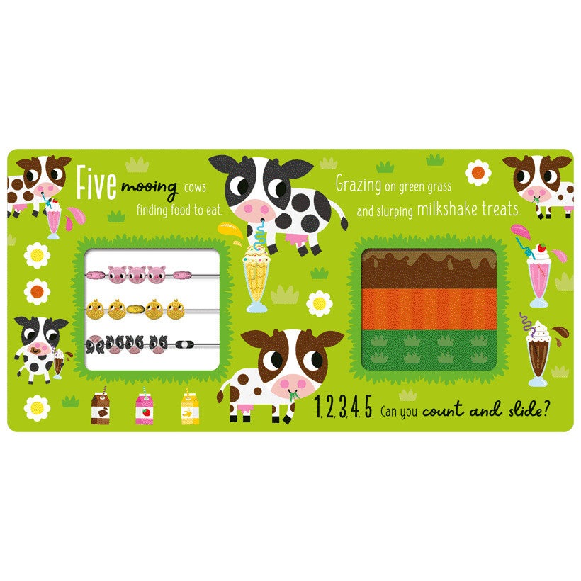Count and Slide Farmyard Friends educational toy by MAKE BELIEVE IDEAS in a bright green farm with cows and numbered counting slide.