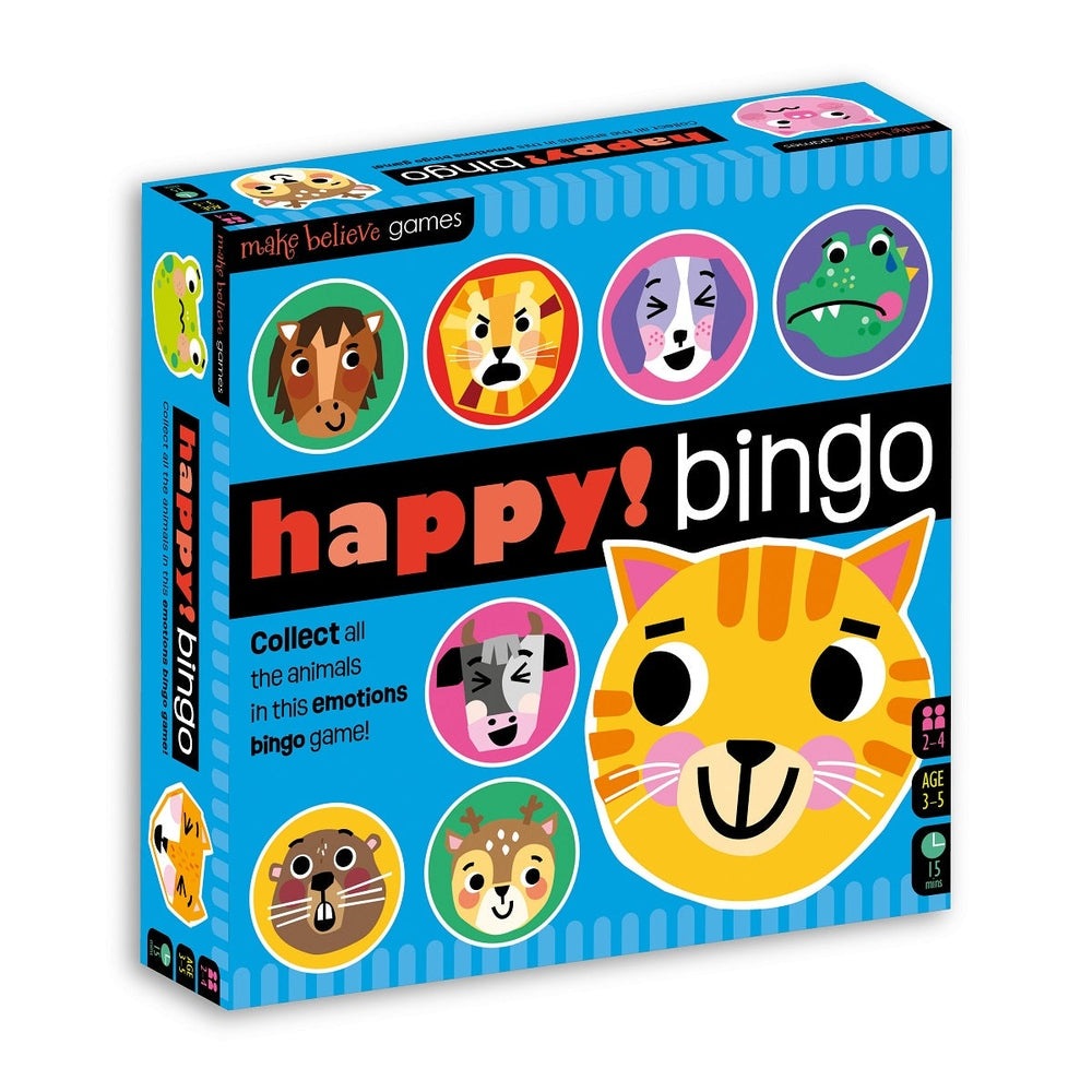 Make Believe Ideas Happy Bingo game box with colorful animal icons on a bright blue background for ages 3-5.