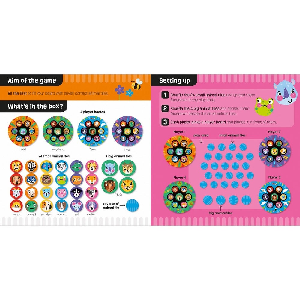 Make Believe Ideas Happy! Bingo Game featuring colorful animal tiles, two player boards and setup diagram.