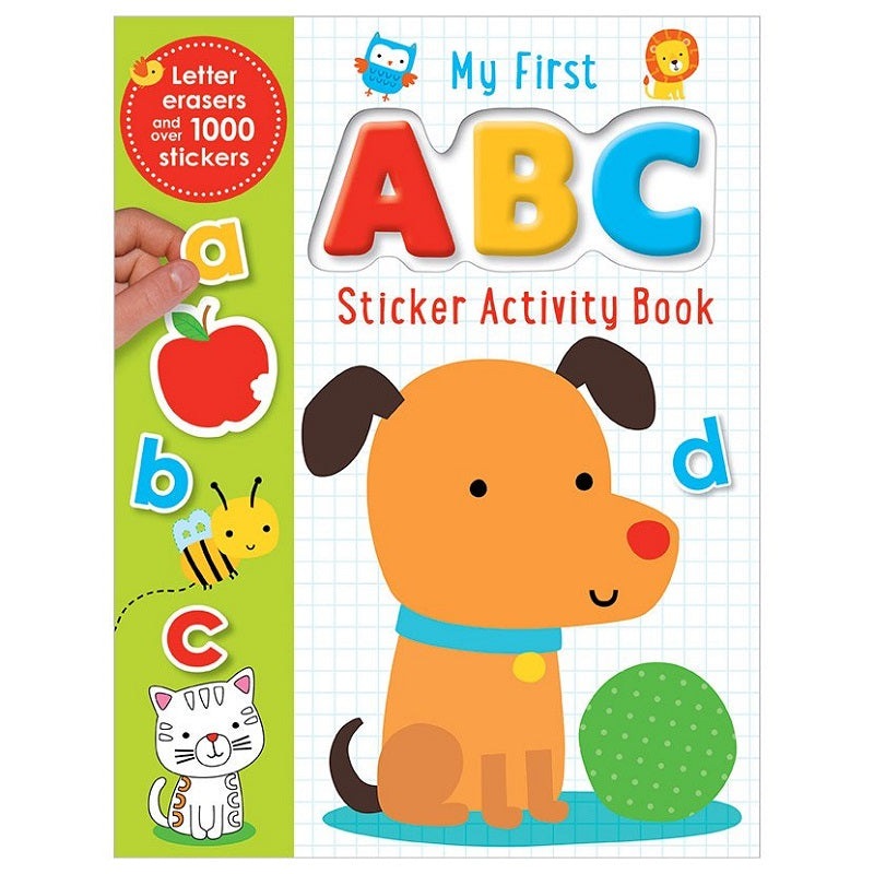 MAKE BELIEVE IDEAS My First ABC Sticker Activity Book; orange dog with blue collar and green ball, colorful ABC letters