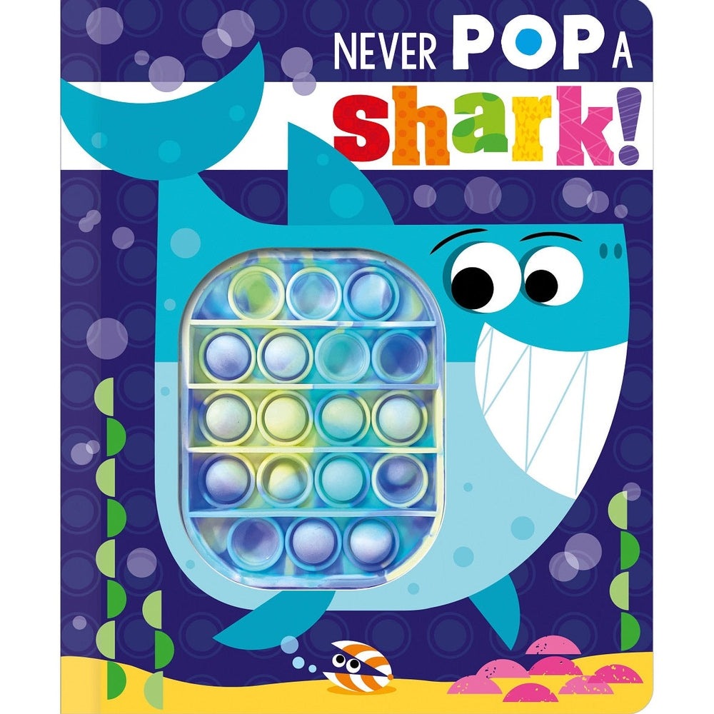 Make Believe Ideas Never Pop A Shark pop-it fidget toy with rainbow bubbles in blue shark packaging