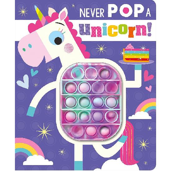 Make Believe Ideas Never Pop A Unicorn pop-it toy with a rainbow unicorn illustration and pastel bubbles