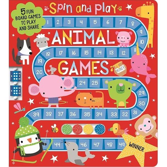 Make Believe Ideas Spin and Play Animal Games board game featuring colorful animal characters on a numbered spiral path