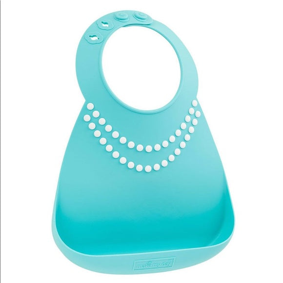 Make My Day Baby Bib blue silicone with white pearl bead accents and catch tray