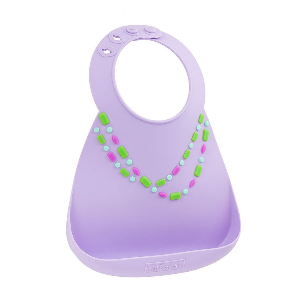Make My Day Baby Bib Lilac Jewel with green, pink and blue bead accents arranged like a decorative necklace on the lilac silicone bib.