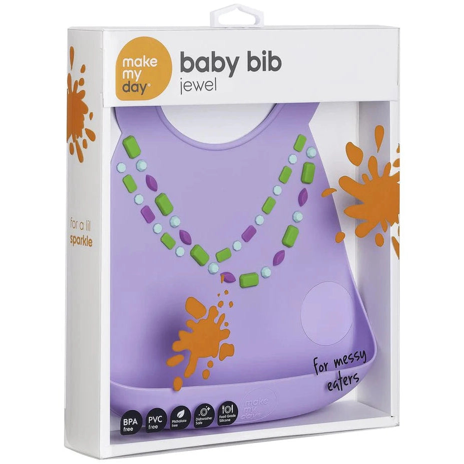 Make My Day Baby Bib Jewel Lilac silicone bib shown with bead necklace print and orange paint splats for messy eaters