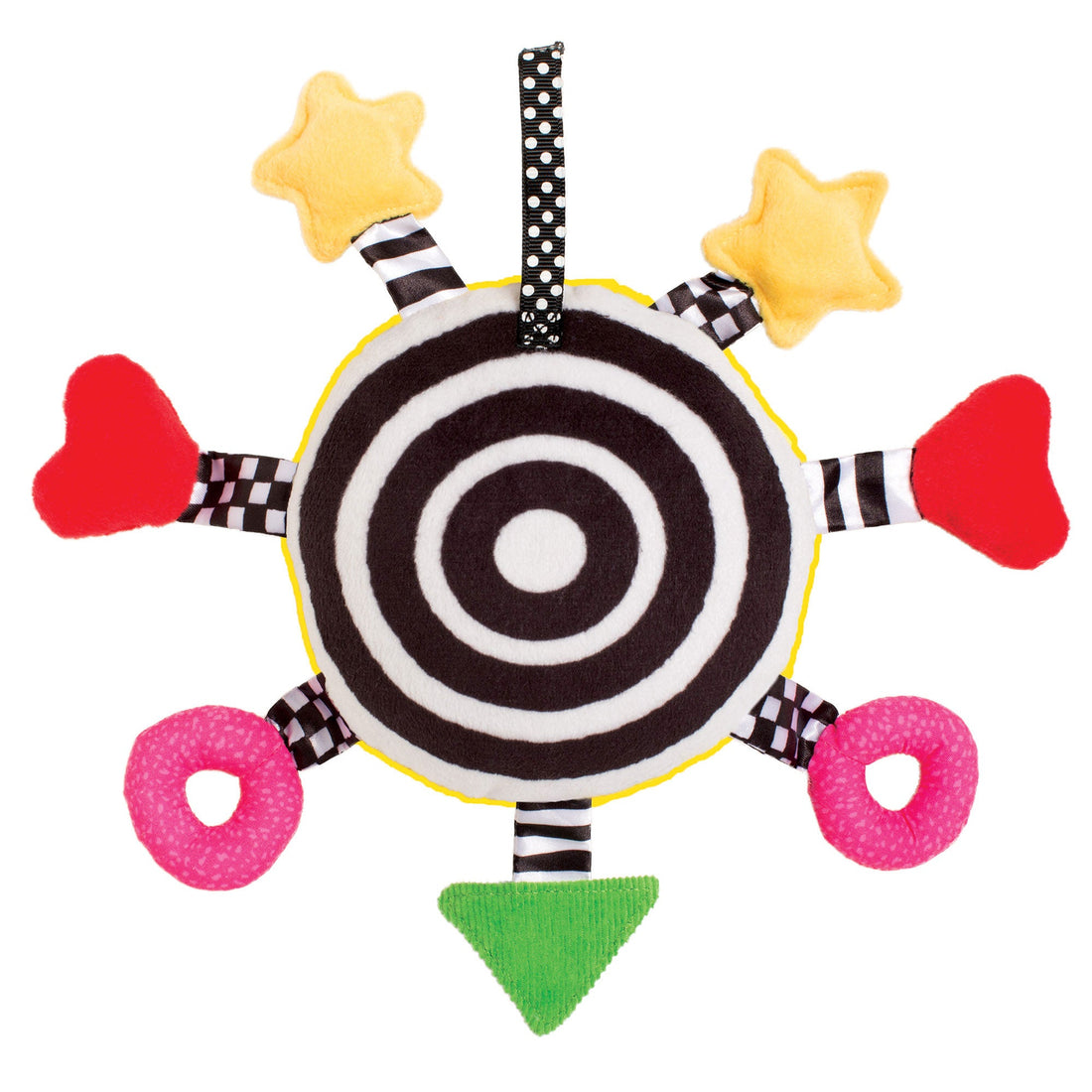 Manhattan Toy Baby Whoozit 6" Stroller & Travel Activity Toy - black-and-white target pattern on back